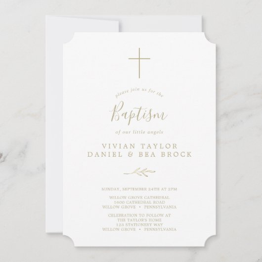 Invitation Feuille minimale | Baptême Gold 2 ou 3 personnes (Devant)