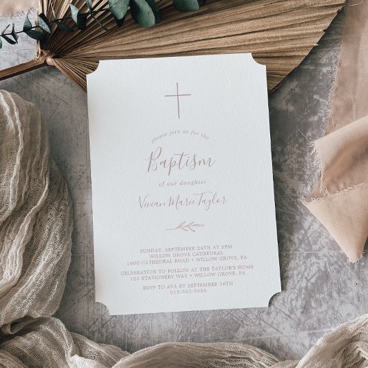 Invitation Feuille minimale | Baptême rose