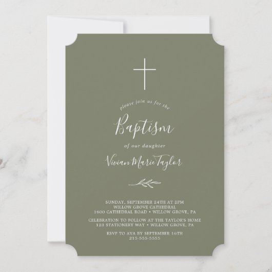Invitation Feuille minimale | Baptême vert foncé (Devant)