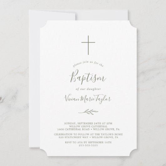 Invitation Feuille minimale | Baptême vert olive (Devant)