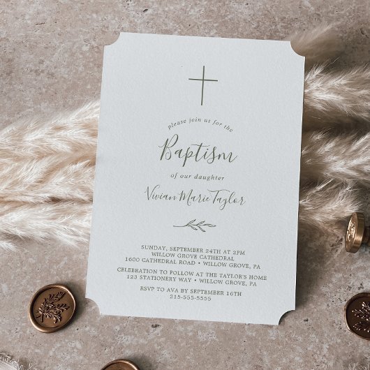 Invitation Feuille minimale | Baptême vert olive