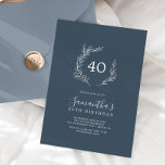 Invitation Feuille minimale | Bleu ardoise 40e anniversaire<br><div class="desc">Cette invitation de 40e anniversaire d'ardoise de feuille minimale est parfaite pour une fête d'anniversaire élégante. Le design se compose d'une simple silhouette verte dans un bleu gris foncé avec un style minimaliste classique.</div>