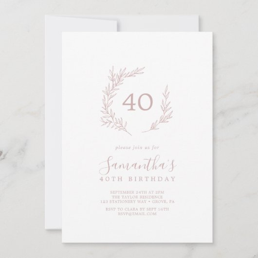 Invitation Feuille minimale | Blush Pink 40e anniversaire (Devant)