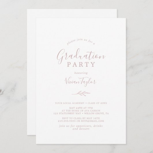 Invitation Feuille minimale | Blush Pink Graduation Party (Devant / Derrière)
