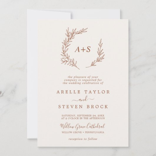 Invitation Feuille minimale | Boho Cream Mariage de monogramm (Devant)