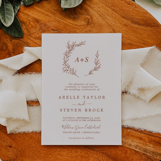 Invitation Feuille minimale | Boho Cream Mariage de monogramm