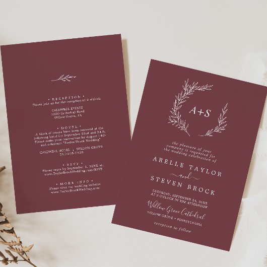 Invitation Feuille minimale | Bourgogne tout en un Mariage