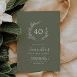 Invitation Feuille minimale | Dark Green 40e anniversaire<br><div class="desc">Cette invitation minimale de 40e anniversaire vert foncé feuille est parfaite pour une fête d'anniversaire de boho. Le design se compose d'une simple silhouette de feuille de verdure en vert d'olivier,  au style bohème minimaliste de montagne.</div>
