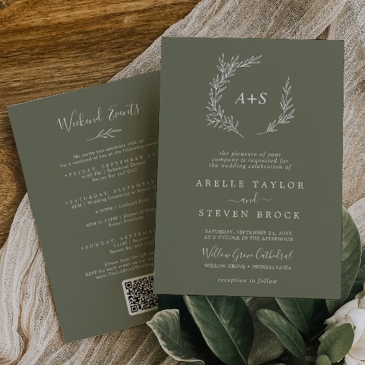 Invitation Feuille minimale | Dark Green Weekend Events Maria