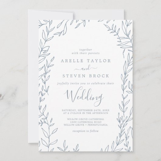 Invitation Feuille minimale | Dusty Blue Mariage (Devant)