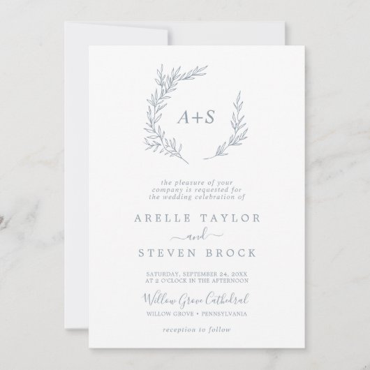 Invitation Feuille minimale | Dusty Blue Monogram QR Code Mar (Devant)