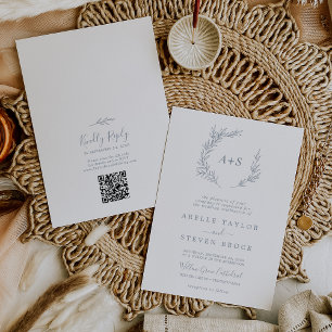 Invitation Feuille minimale   Dusty Blue Monogram QR Code Mar