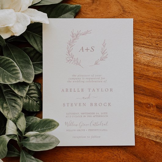 Invitation Feuille minimale | Dusty Rose Mariage de monogramm