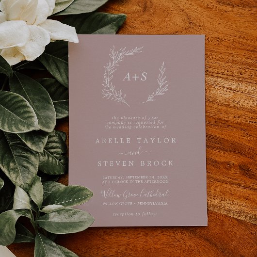 Invitation Feuille minimale | Dusty Rose Mariage de monogramm