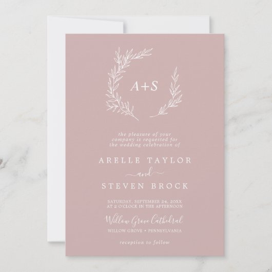 Invitation Feuille minimale | Dusty Rose Monogram QR Code Mar (Devant)