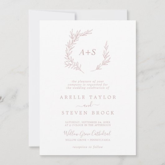 Invitation Feuille minimale | Dusty Rose tout en un Mariage (Devant)