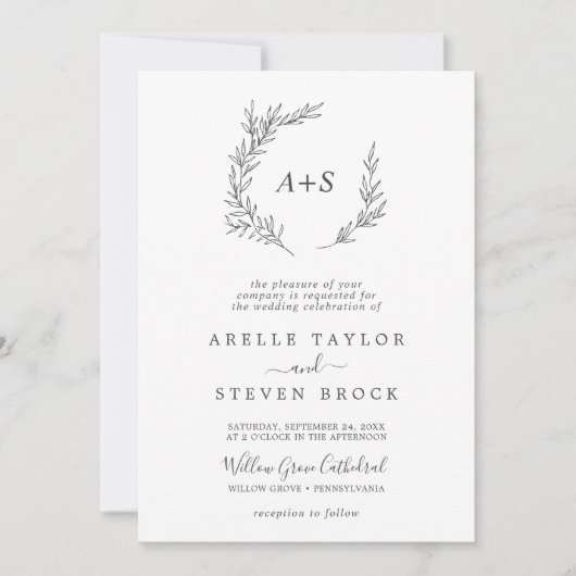 Invitation Feuille minimale | Gris foncé Tout en un Mariage (Devant)