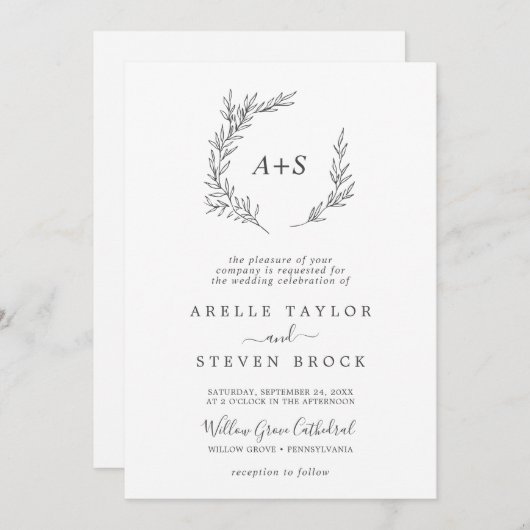 Invitation Feuille minimale | Gris foncé Tout en un Mariage (Devant / Derrière)