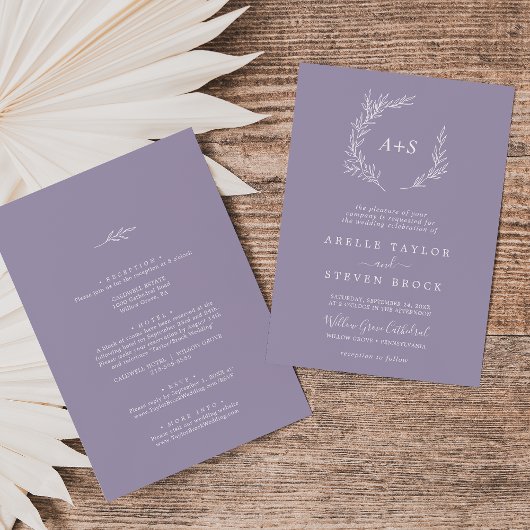 Invitation Feuille minimale | Lavande Tout en un Mariage