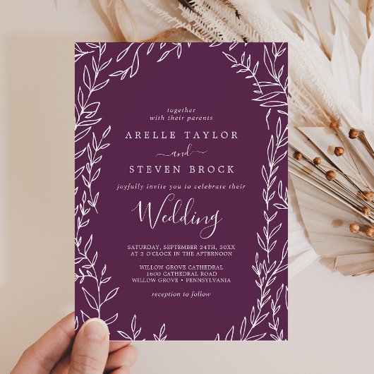 Invitation Feuille minimale | Mariage d'aubergine foncée