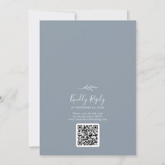 Invitation Feuille minimale | Mariage de code QR bleu et blan (Dos)