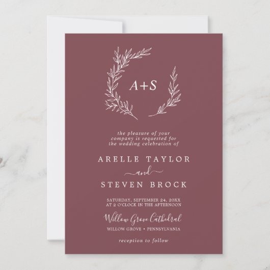 Invitation Feuille minimale | Mariage de code QR du monogramm (Devant)