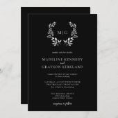 Invitation Feuille minimale | Mariage de monogramme noir blan (Devant / Derrière)