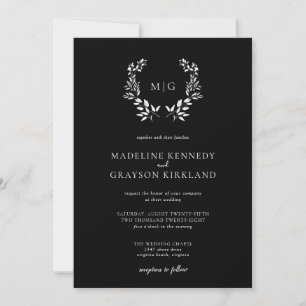 Invitation Feuille minimale   Mariage de monogramme noir blan