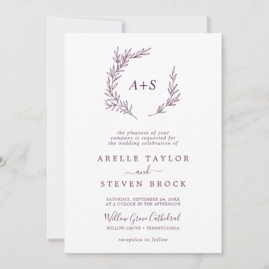 Invitation Feuille minimale | Mariage du code QR du monogramm (Devant)