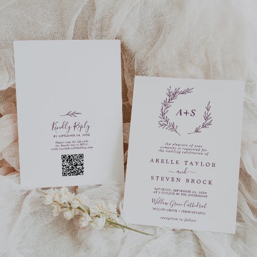 Invitation Feuille minimale | Mariage du code QR du monogramm