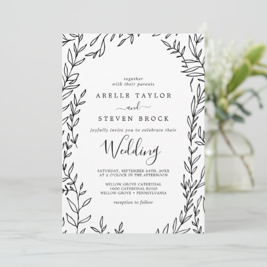 Invitation Feuille minimale | Mariage noir et blanc (Debout devant)