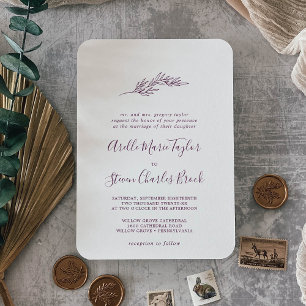 Invitation Feuille minimale Mariage traditionnel aubergine