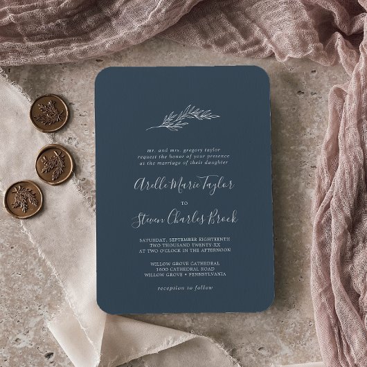 Invitation Feuille minimale | Mariage traditionnel bleu ardoi