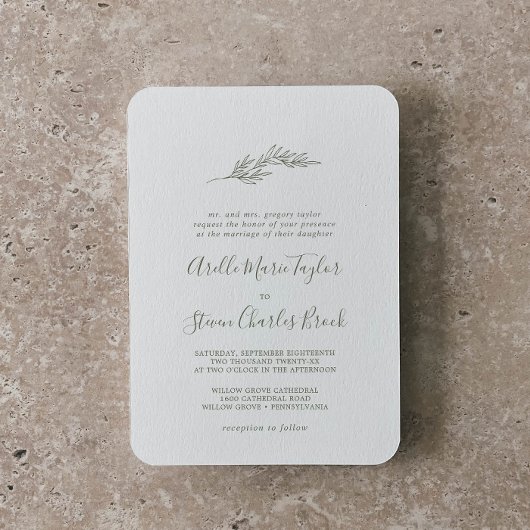 Invitation Feuille minimale | Mariage traditionnel vert olive
