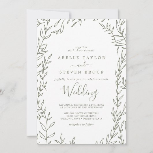 Invitation Feuille minimale | Mariage vert olive (Devant)