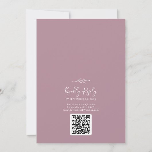 Invitation Feuille minimale | Mauve Monogramme QR Code Mariag (Dos)