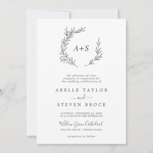 Invitation Feuille minimale | Monogramme gris foncé QR Code M (Devant)