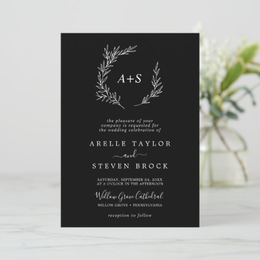 Invitation Feuille minimale | Noir foncé tout en un Mariage (Debout devant)