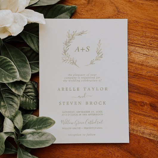 Invitation Feuille minimale | Or Mariage Monogramme Formel
