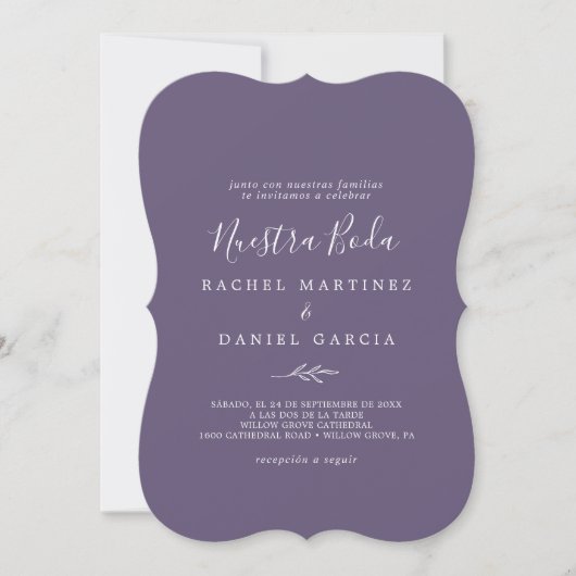 Invitation Feuille minimale | Plum violet espagnol Nuestra Bo (Devant)