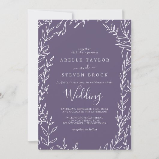 Invitation Feuille minimale | Plum violet Mariage (Devant)