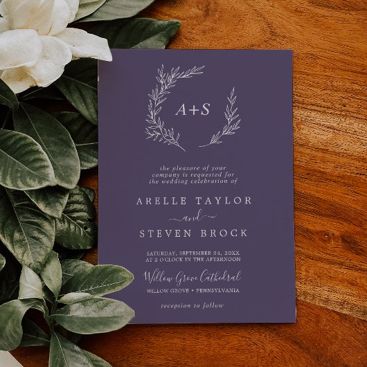 Invitation Feuille minimale | Plum violet Mariage de monogram