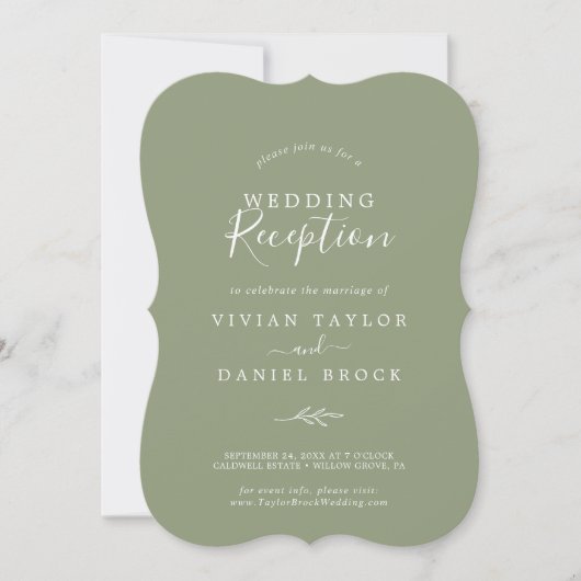 Invitation Feuille minimale | Réception De Mariage Vert Sage (Devant)