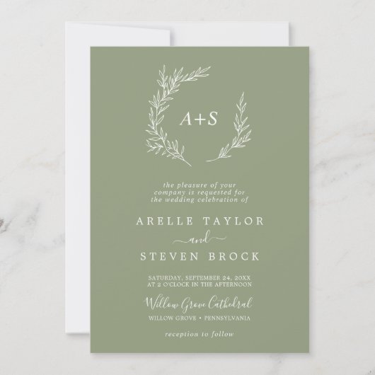 Invitation Feuille minimale | Sage Green Monogramme QR Code M (Devant)