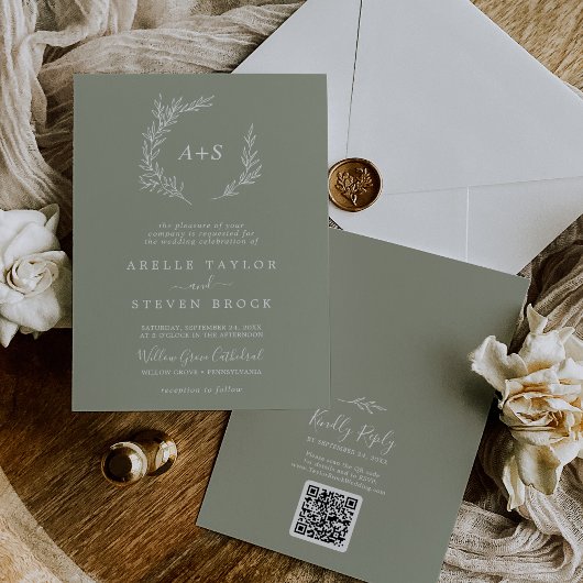 Invitation Feuille minimale | Sage Green Monogramme QR Code M