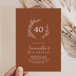 Invitation Feuille minimale | Terracotta 40th Birthday Invita<br><div class="desc">Cette invitation minime en terre cuite à 40e anniversaire de feuille est parfaite pour une fête d'anniversaire de boho. Le design se compose d'une simple silhouette de feuille de verdure orangée brûlée et minimaliste de style bohème désert.</div>