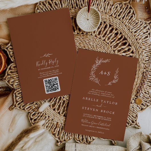 Invitation Feuille minimale | Terracotta Monogram QR Code Mar