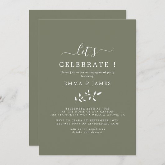 Invitation Feuille minimale | Vert foncé "Fêtons" (Devant / Derrière)