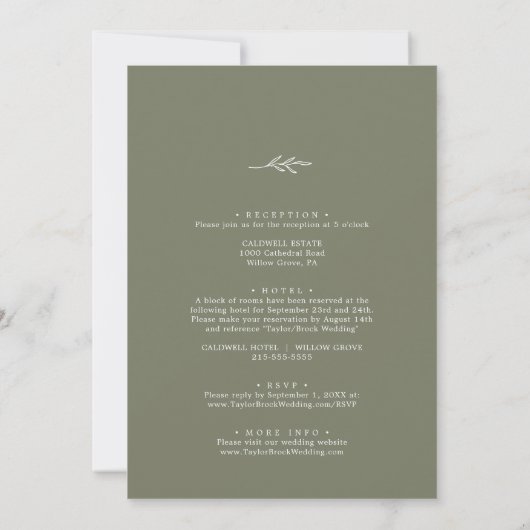 Invitation Feuille minimale | Vert foncé Tout en un Mariage (Dos)