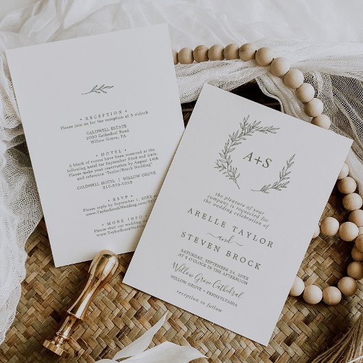 Invitation Feuille minimale | Vert olive tout en un Mariage